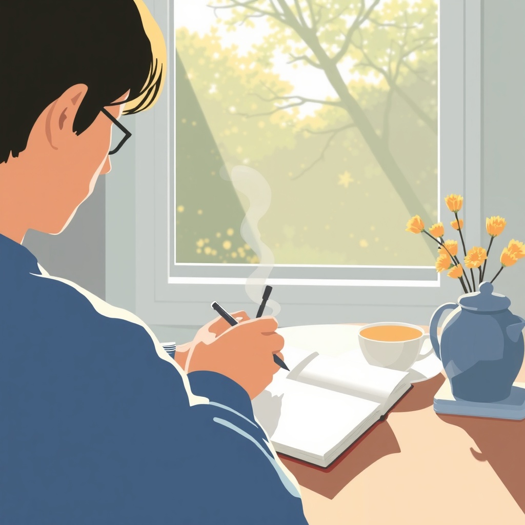 Person making tea and writing in a morning planner