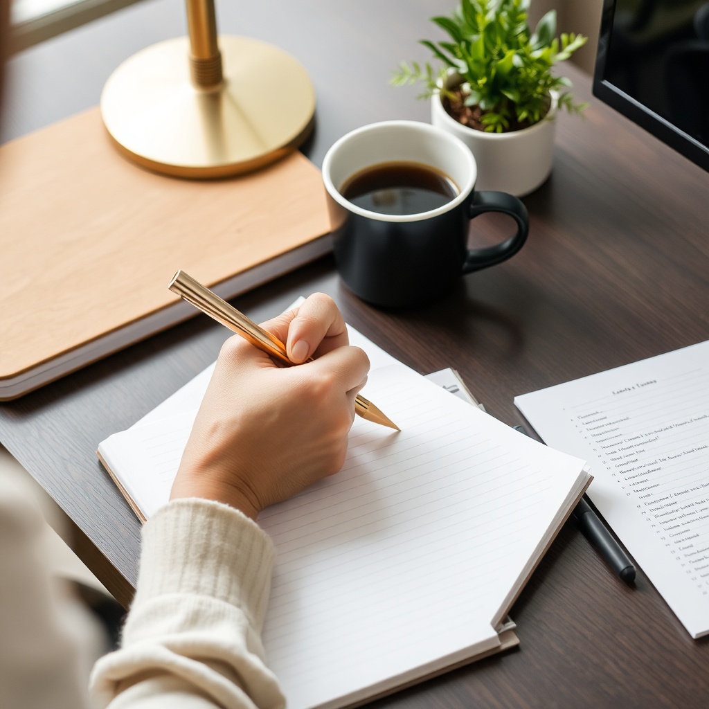 Person writing in daily planner on tidy desk