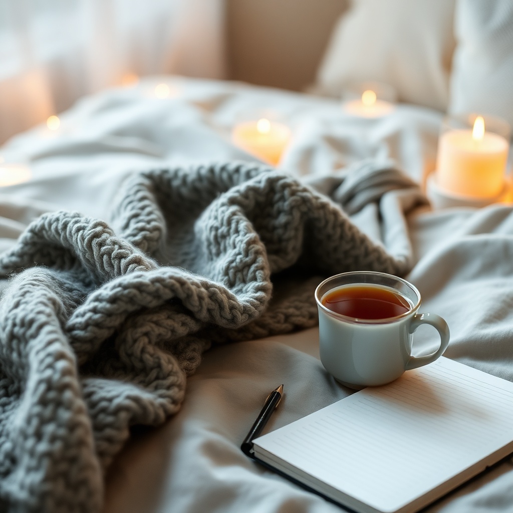 Cozy evening wind-down scene with notebook and herbal tea