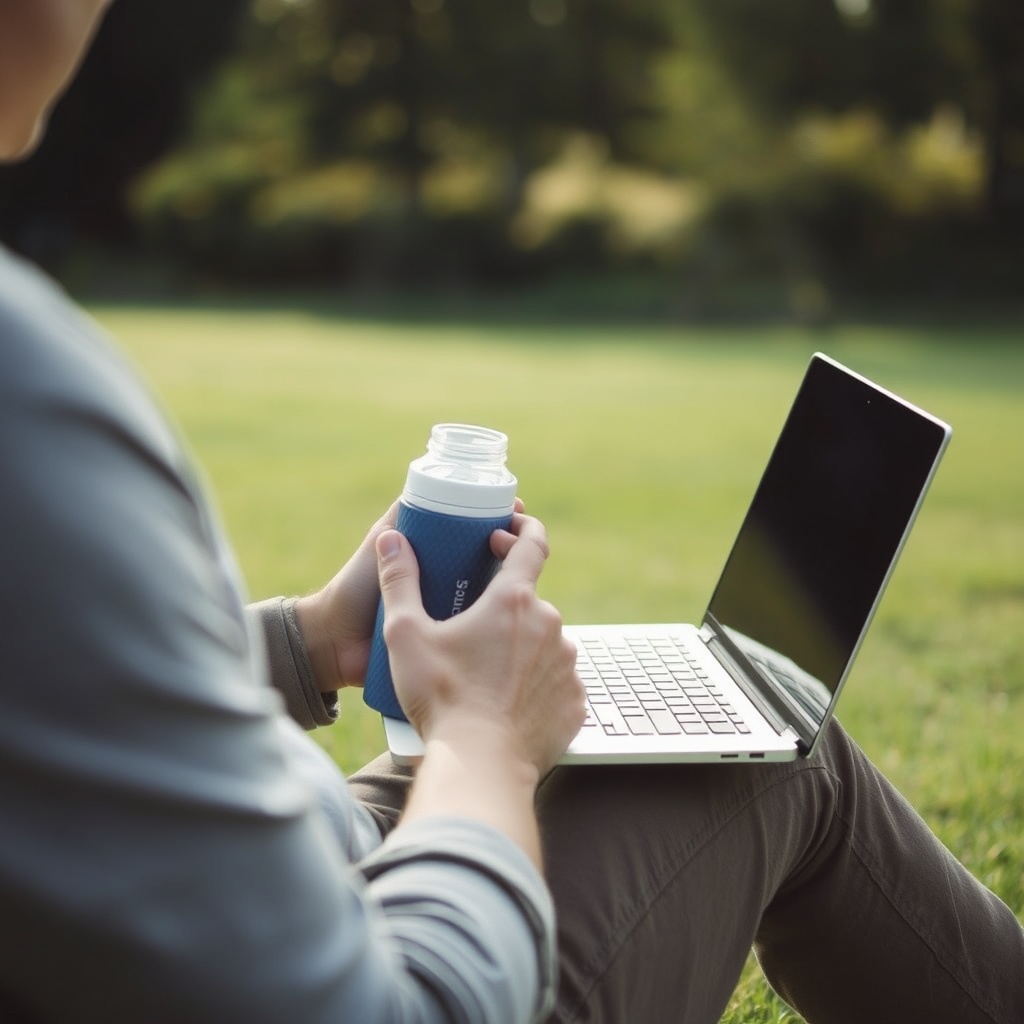Person taking an outdoor break with closed laptop