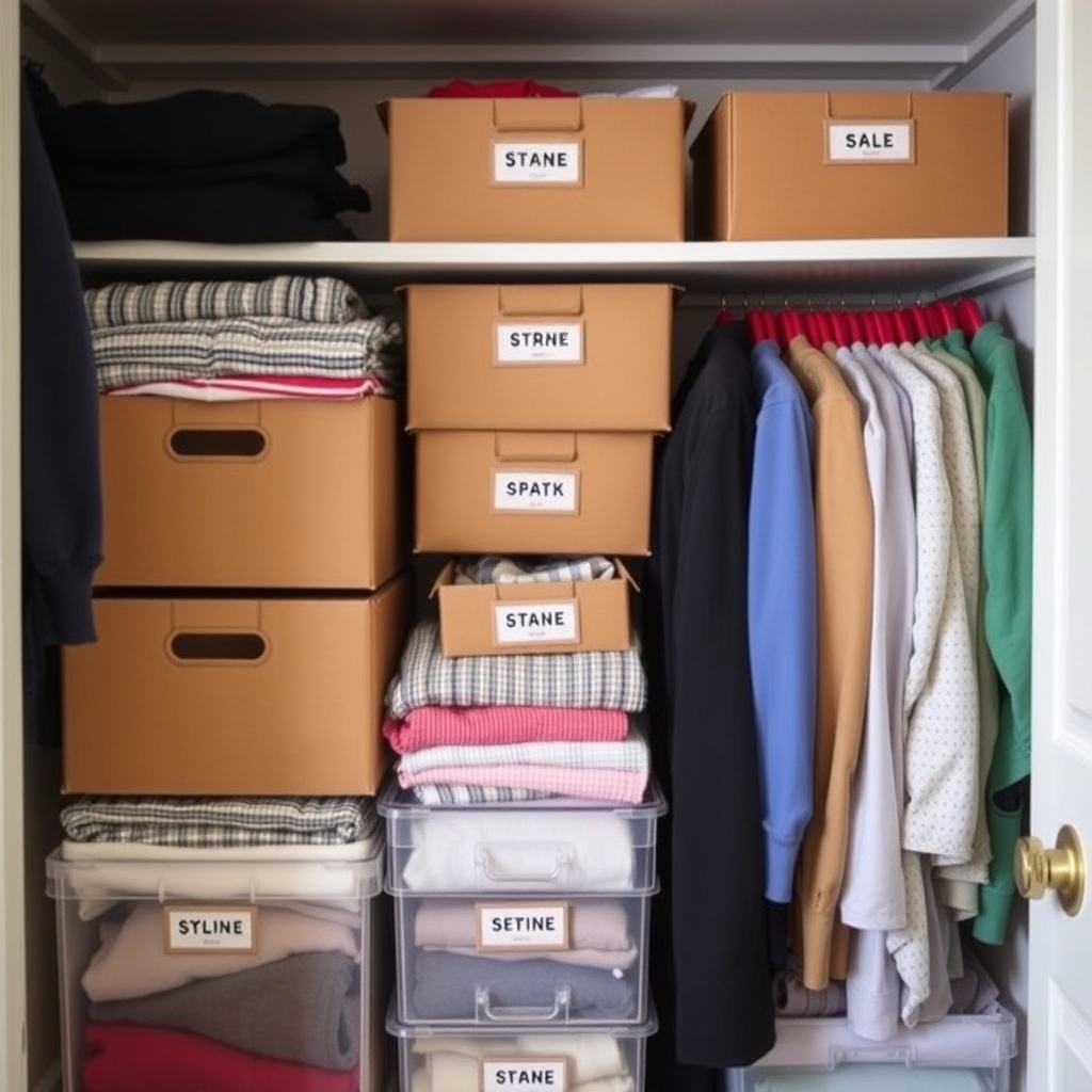 Organized closet with labeled storage and folded clothes