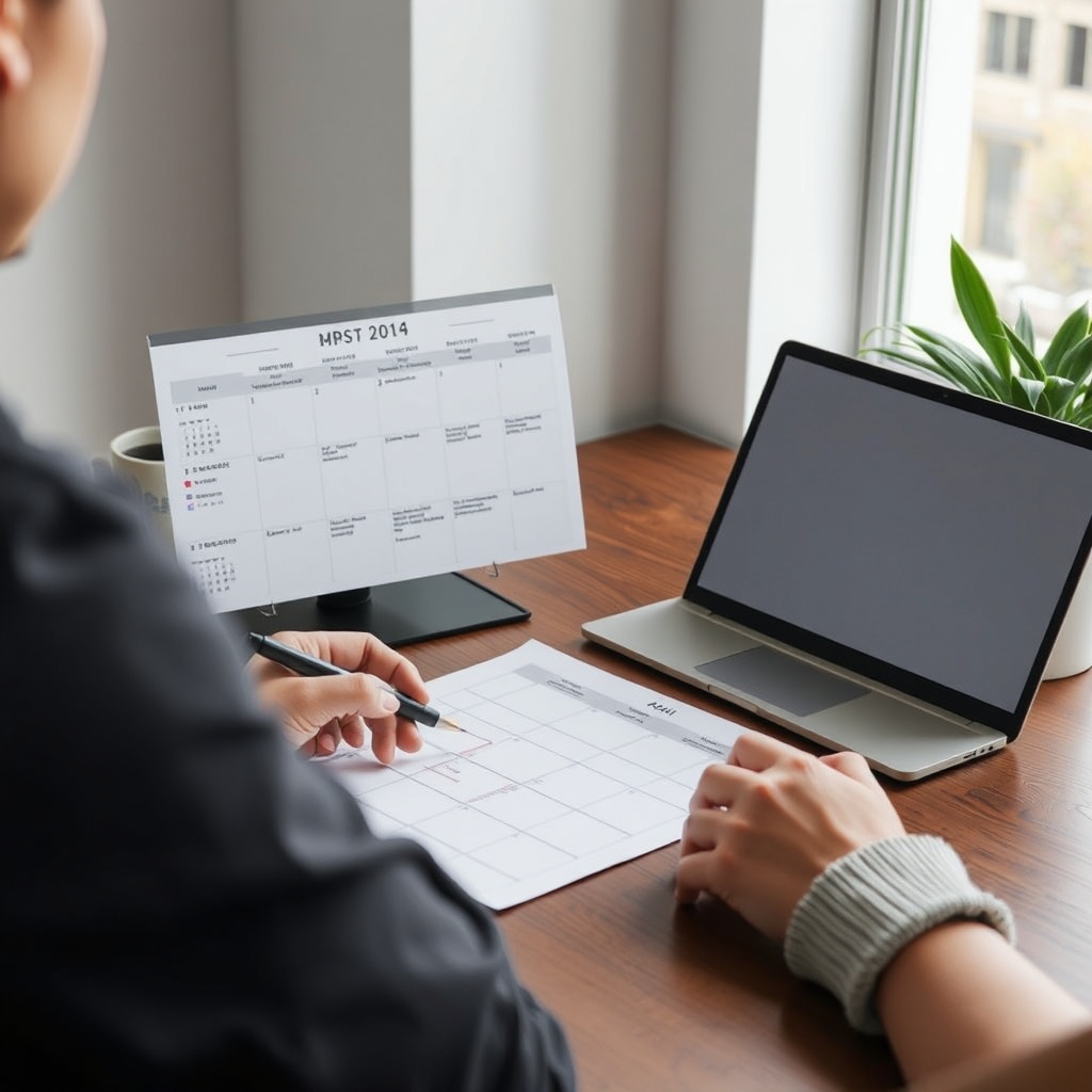 Desk with schedule, closed laptop, and plant symbolizing balance