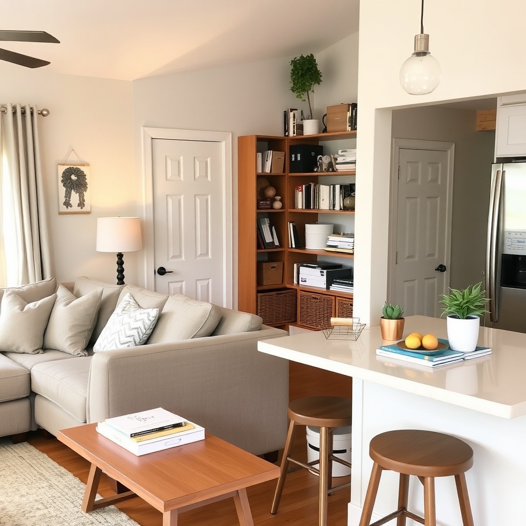 Organized cozy living room and kitchen