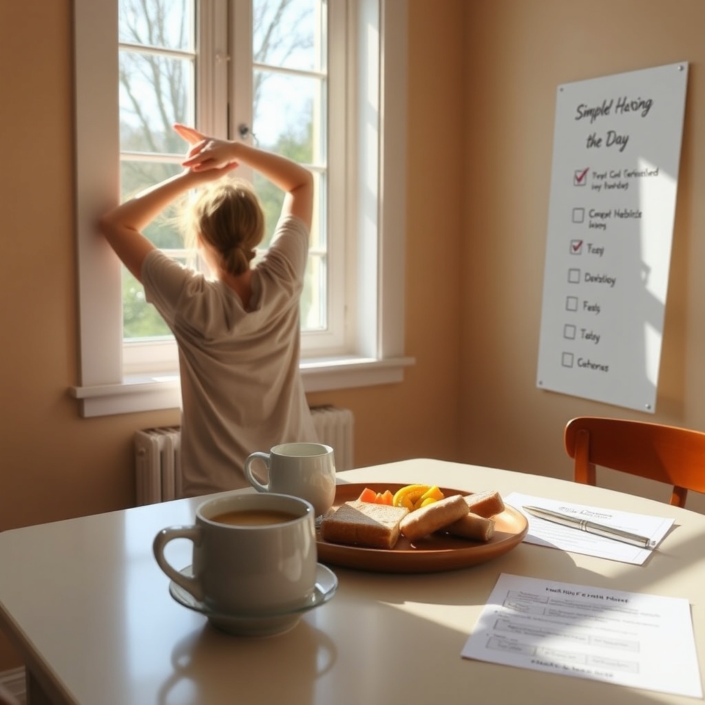 Person stretching in morning with checklist and breakfast