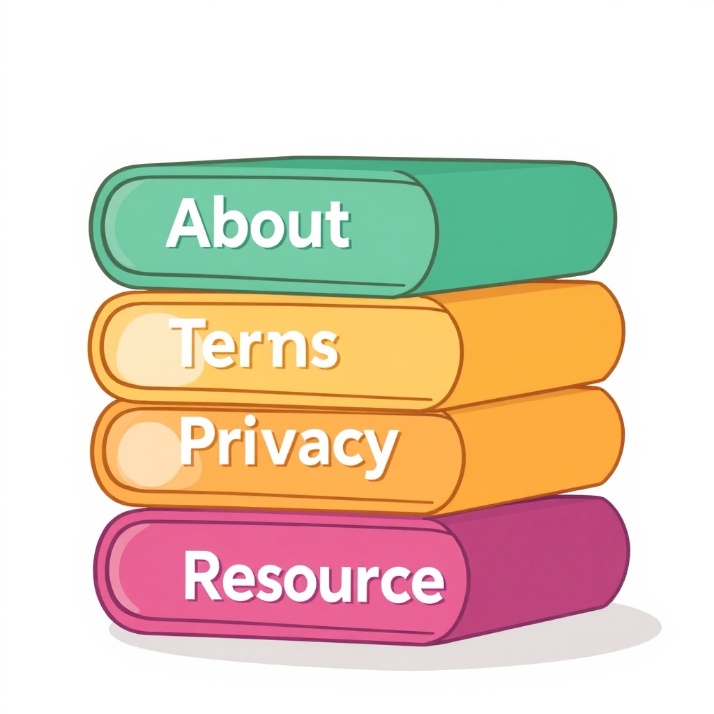 Stack of documents labeled About, Terms, Privacy, Resources