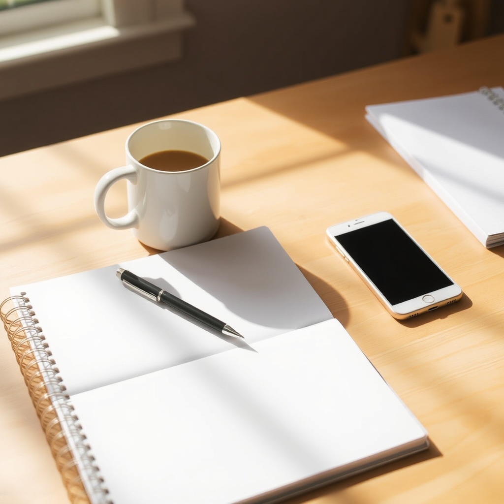 Tidy workspace with planner, pen, and coffee in morning light