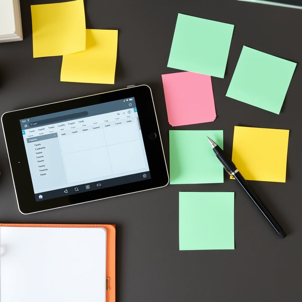 Desk with planner app and sticky notes