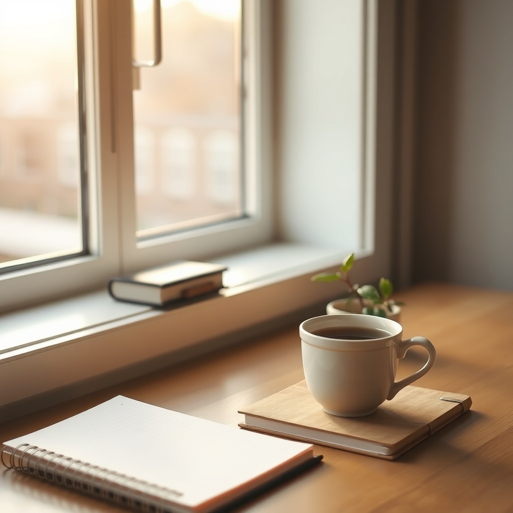 Calm workspace with morning light, notebook, tea, and plant